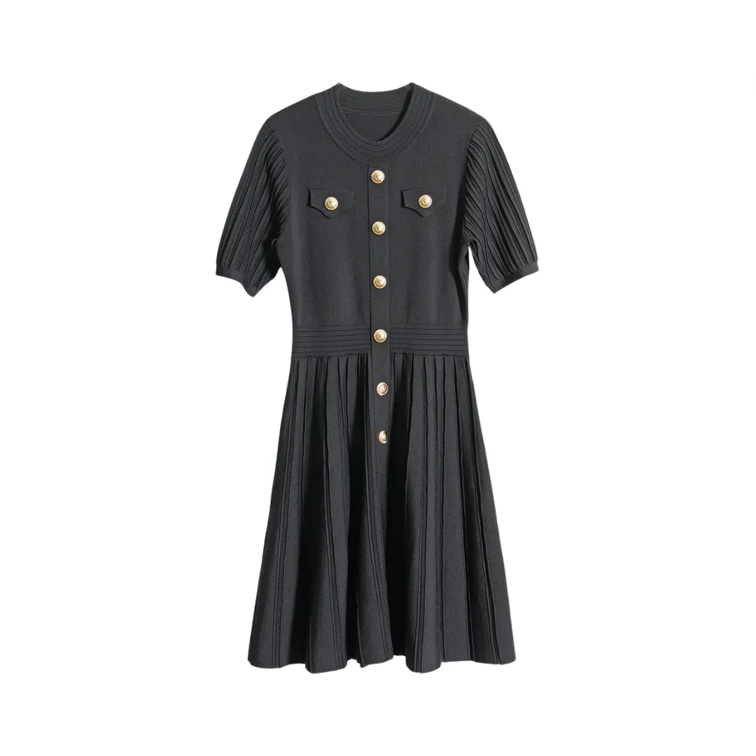 Pre Order: Solid Round Neck Gold Button A-Line Knitted Dress