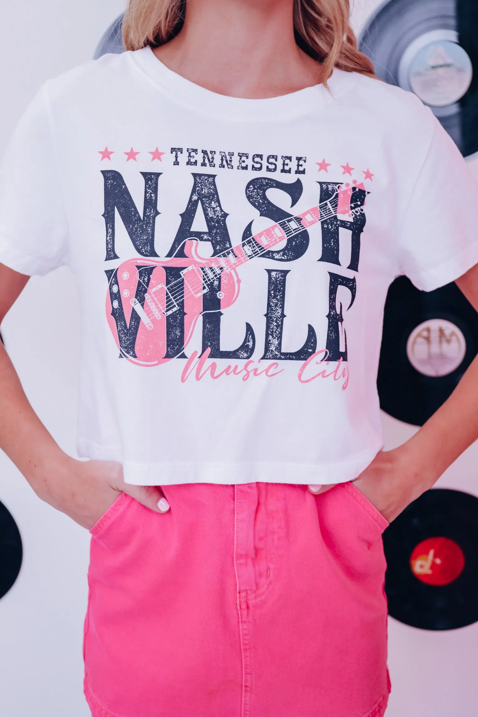 "Music City" Tennessee Cropped Graphic Tee - White