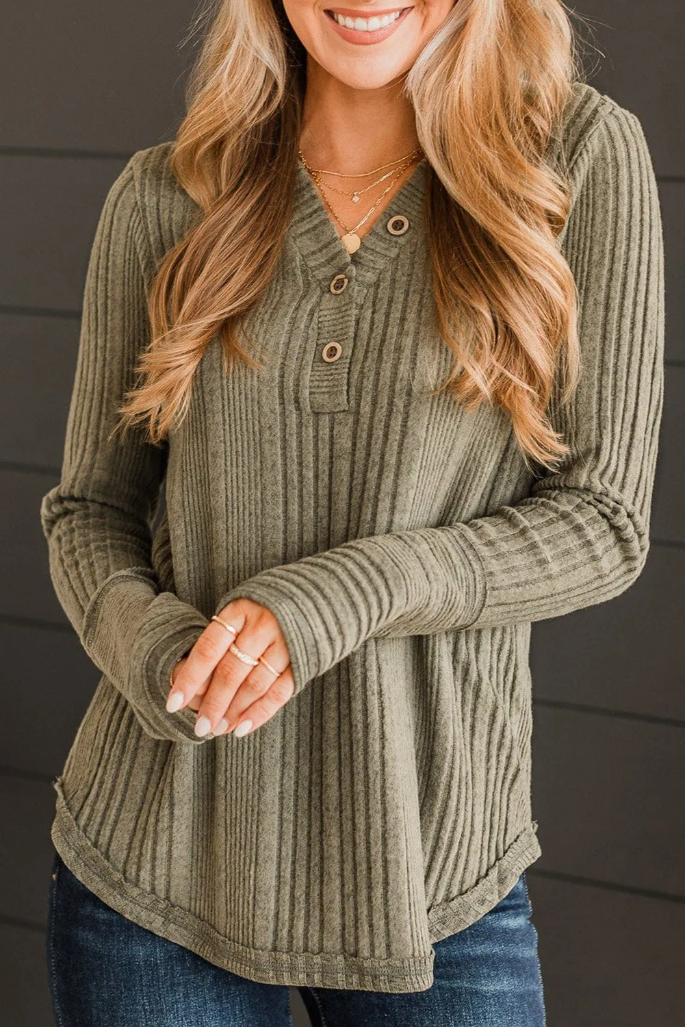 Ribbed Buttoned Long Sleeve Blouse