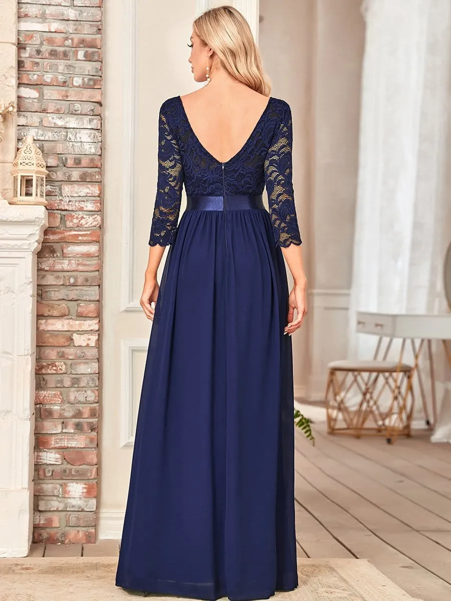 See-Through Floor Length Lace Evening Dress with Half Sleeve