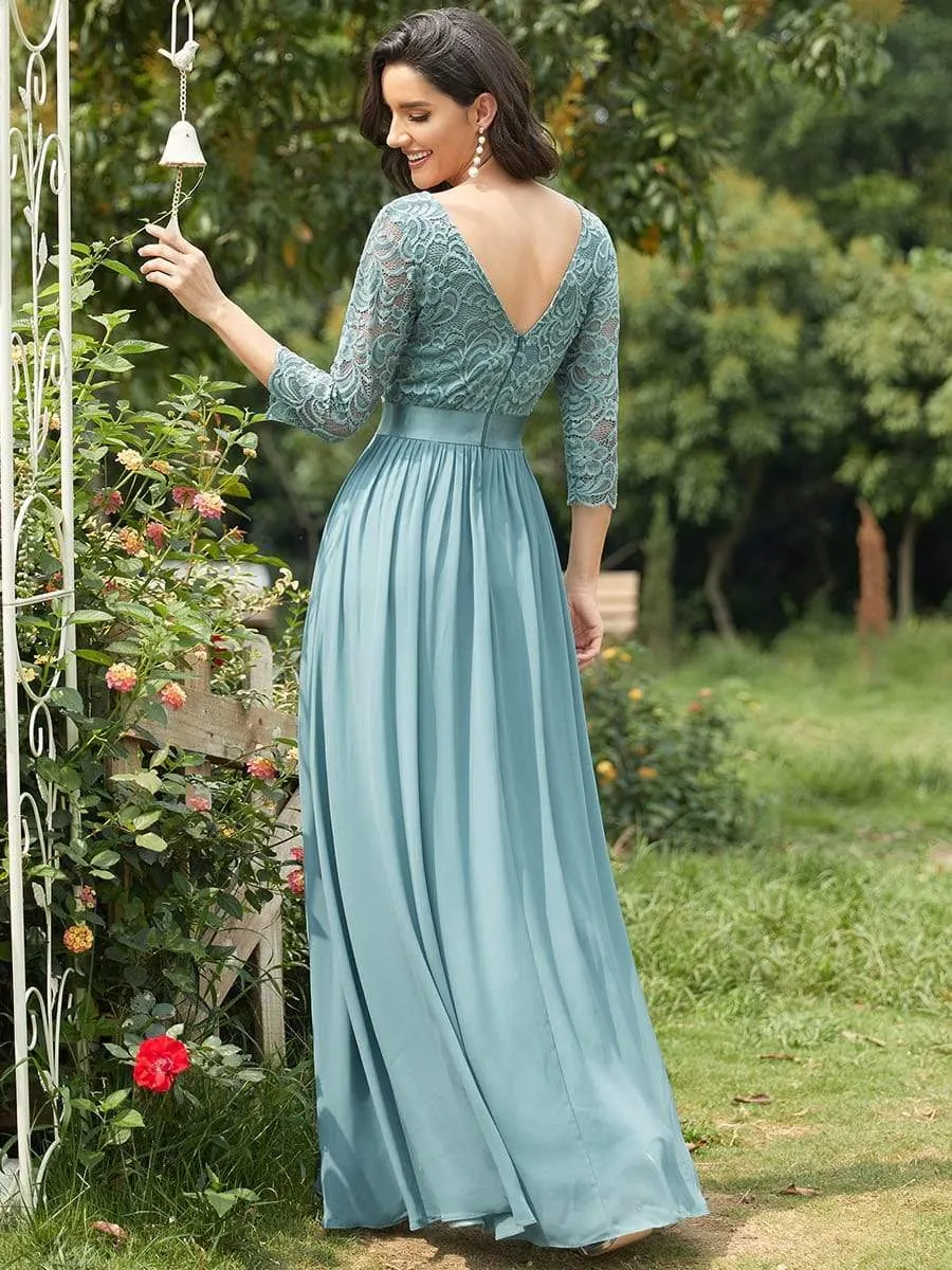 See-Through Floor Length Lace Evening Dress with Half Sleeve