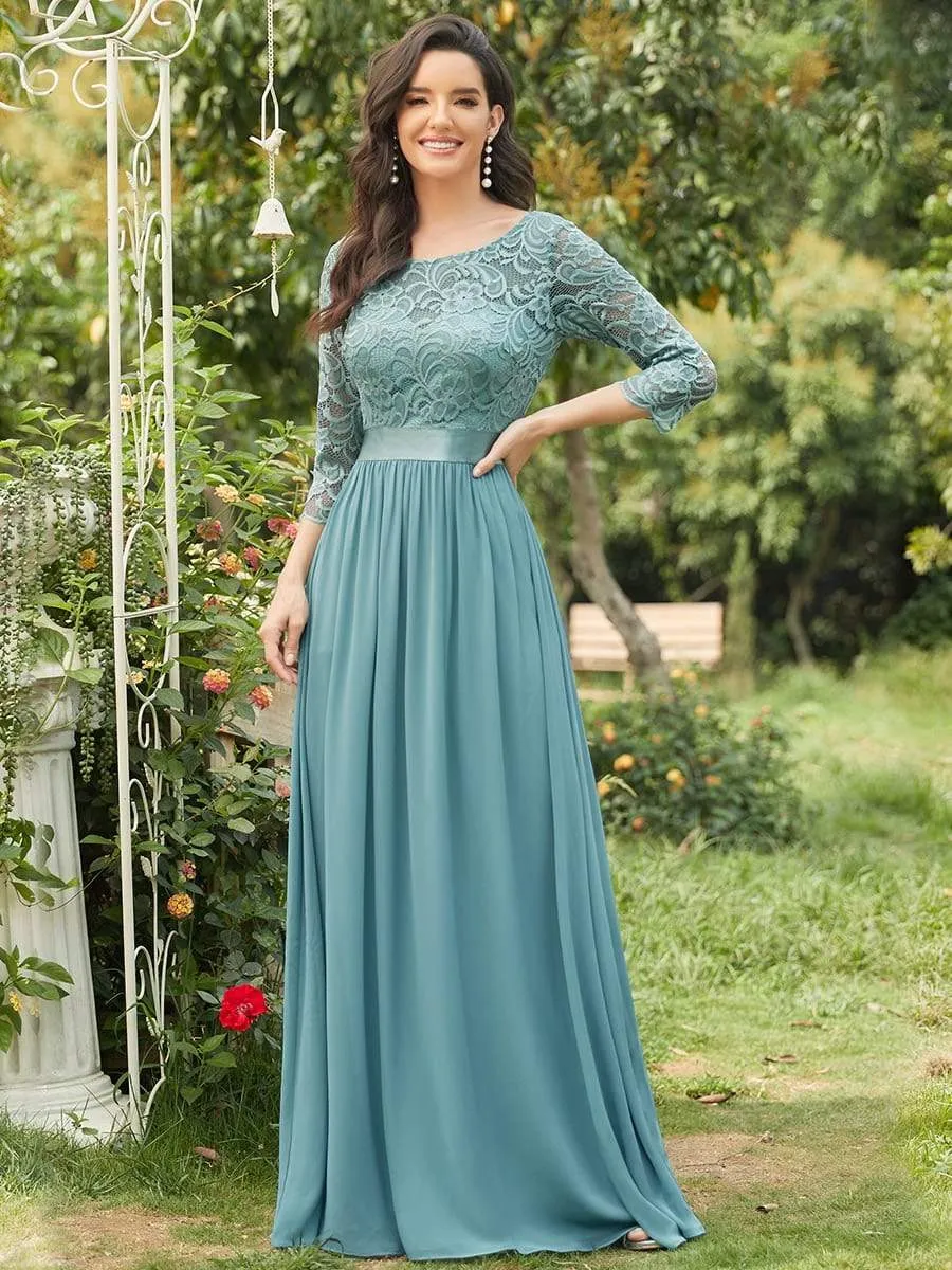 See-Through Floor Length Lace Evening Dress with Half Sleeve