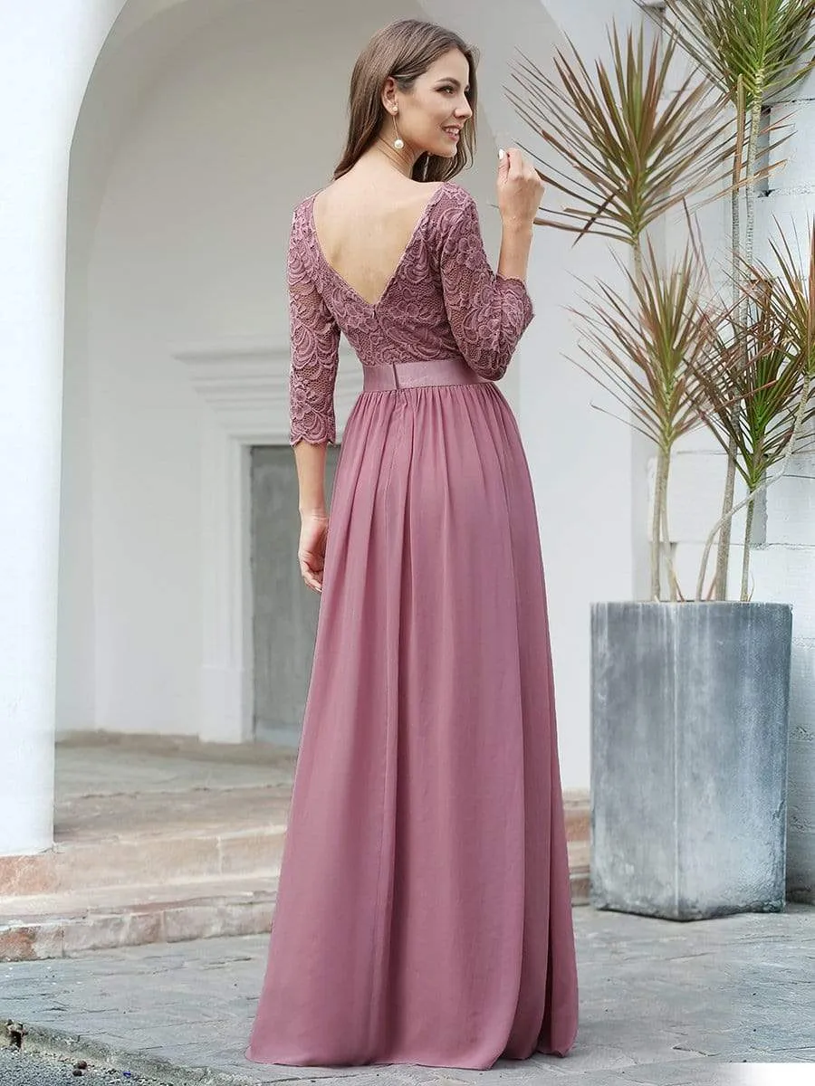 See-Through Floor Length Lace Evening Dress with Half Sleeve