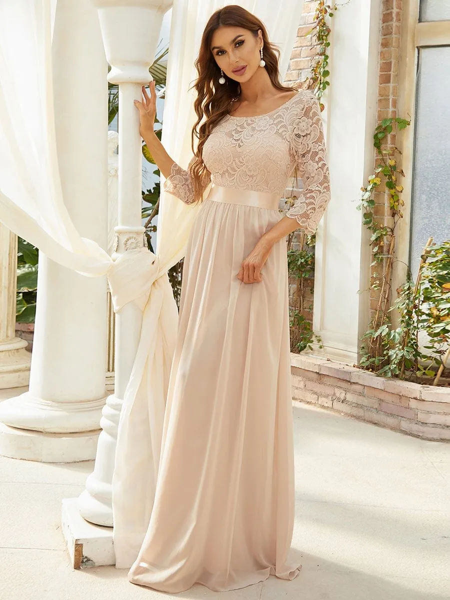 See-Through Floor Length Lace Evening Dress with Half Sleeve