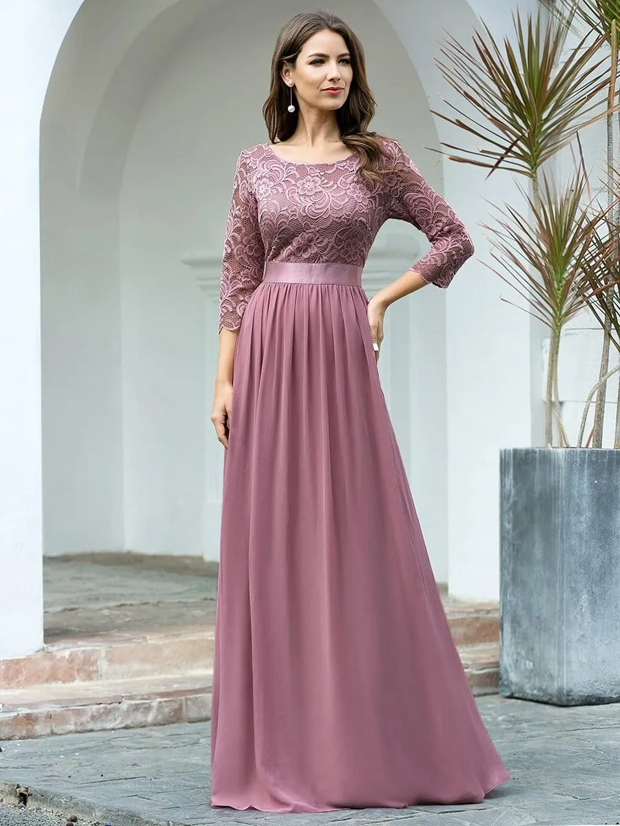 See-Through Floor Length Lace Evening Dress with Half Sleeve