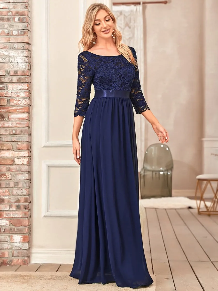 See-Through Floor Length Lace Evening Dress with Half Sleeve