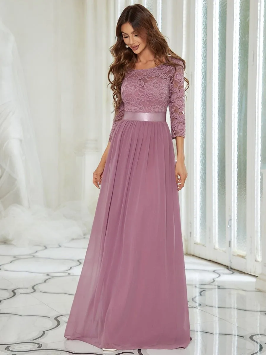 See-Through Floor Length Lace Evening Dress with Half Sleeve