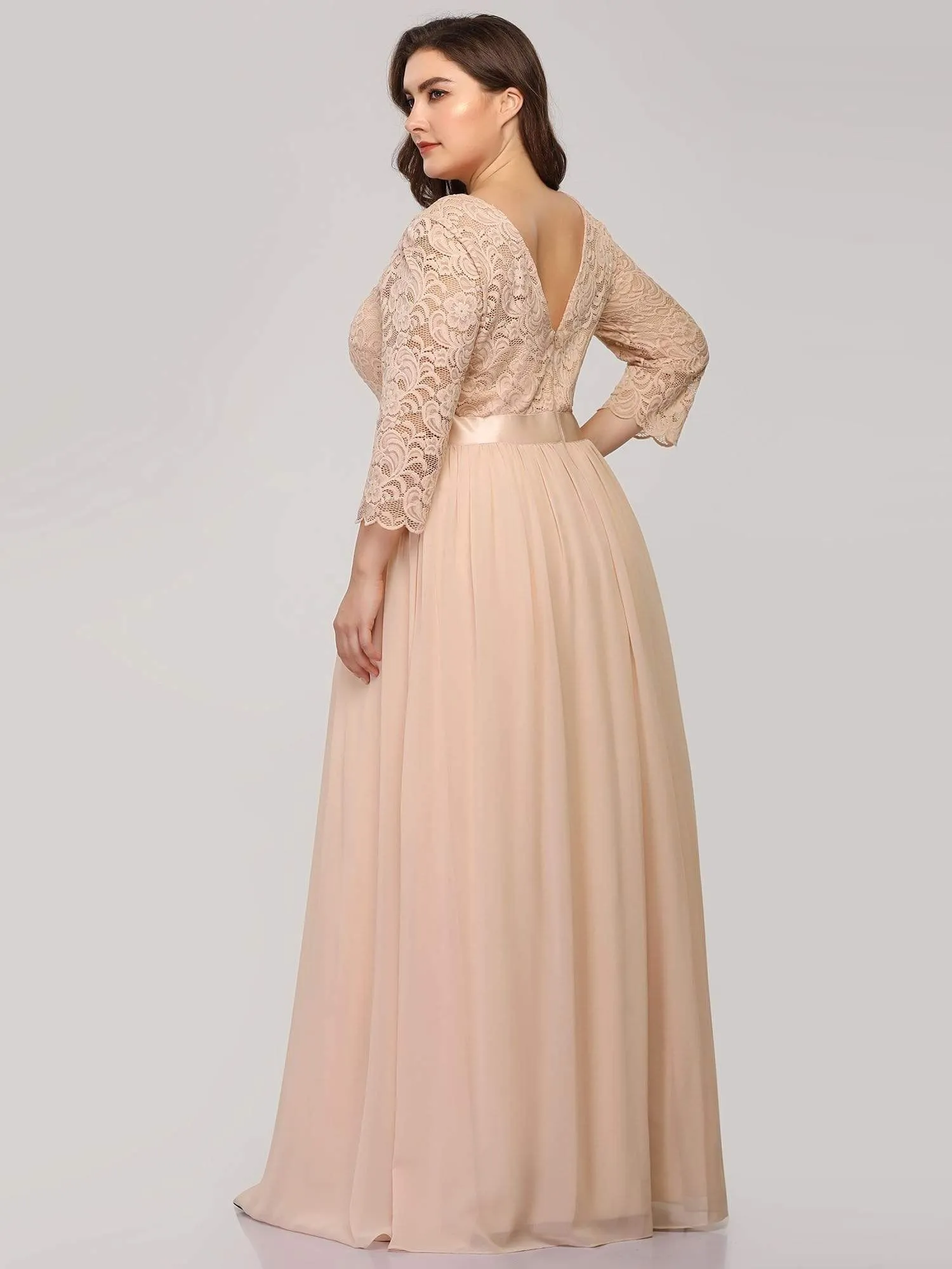 See-Through Floor Length Lace Evening Dress with Half Sleeve