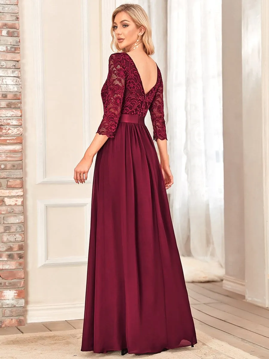 See-Through Floor Length Lace Evening Dress with Half Sleeve