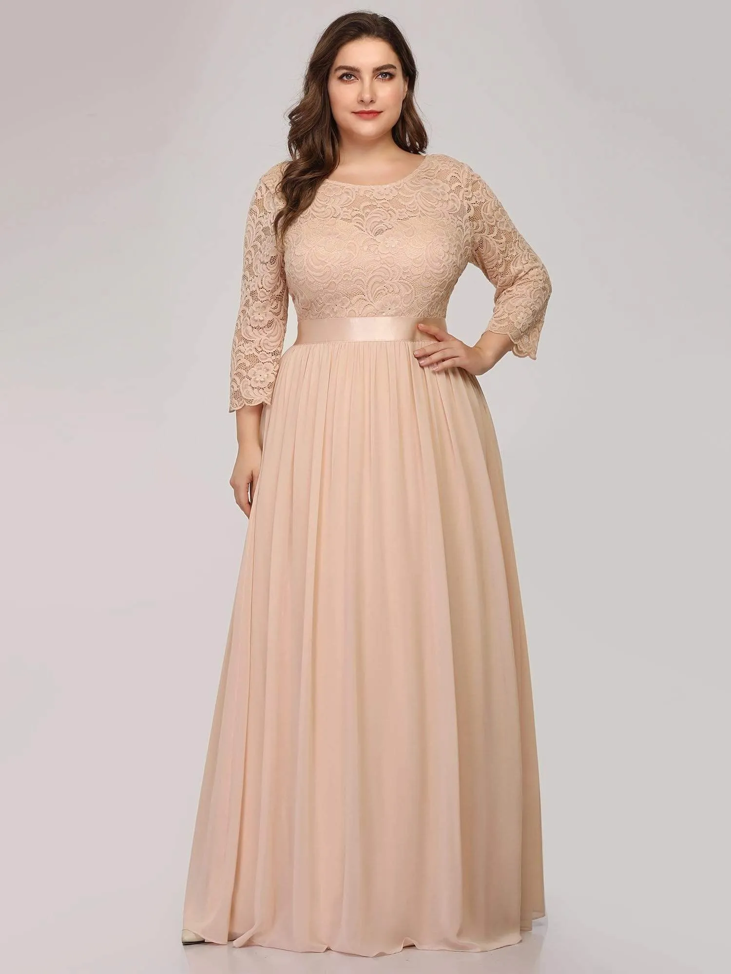 See-Through Floor Length Lace Evening Dress with Half Sleeve