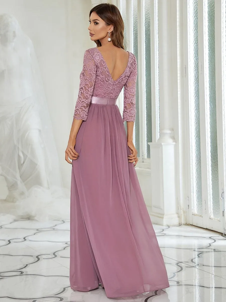 See-Through Floor Length Lace Evening Dress with Half Sleeve