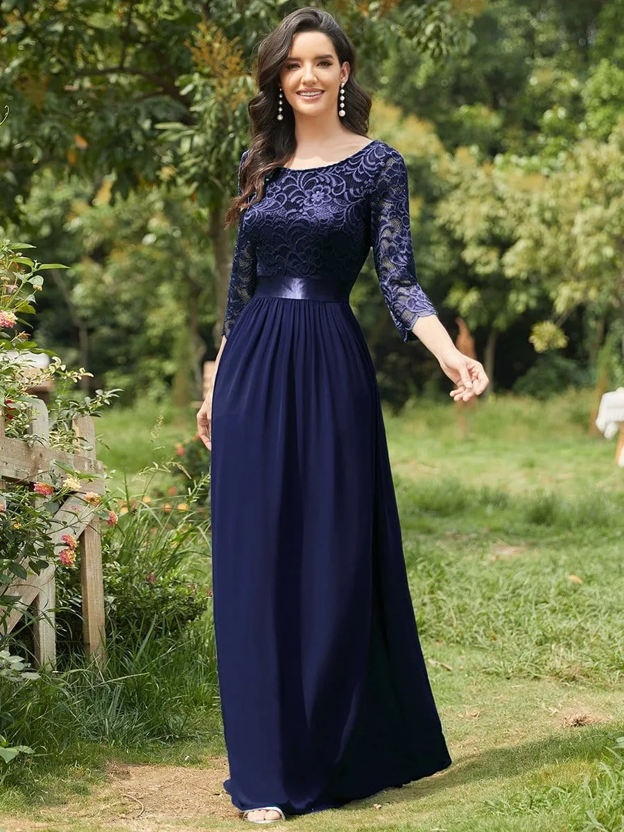 See-Through Floor Length Lace Evening Dress with Half Sleeve