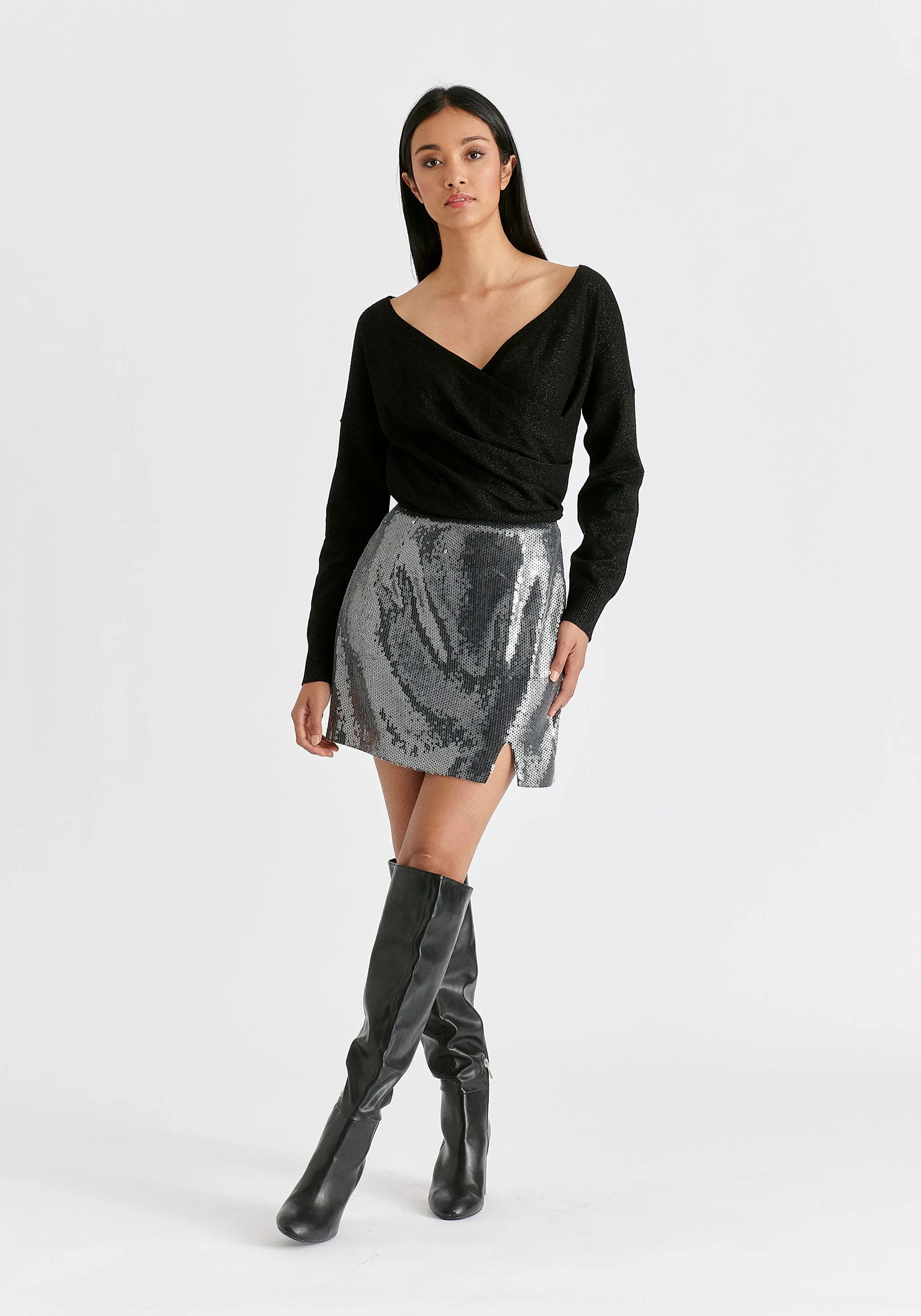 Sequin Mini Skirt with Slit