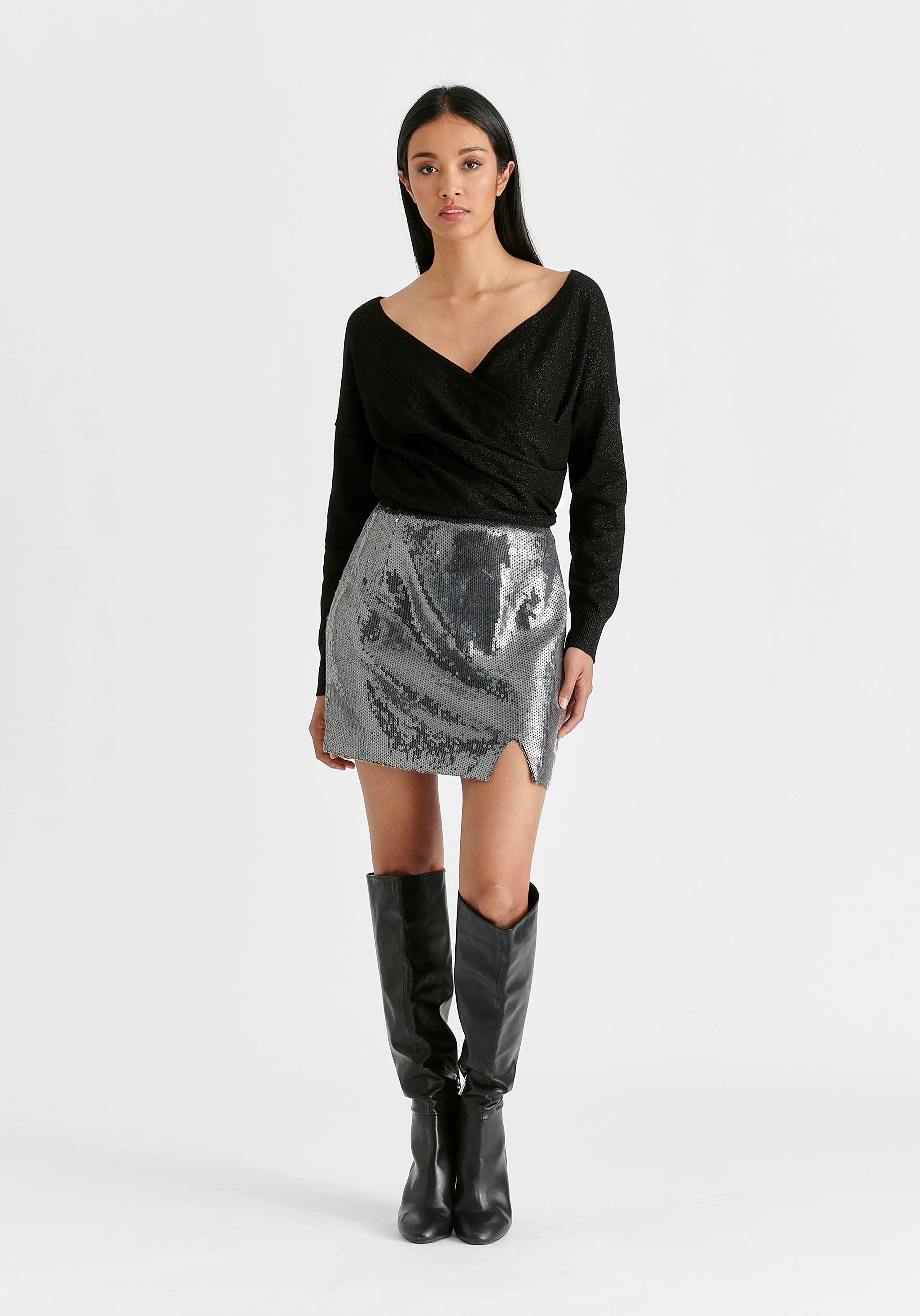 Sequin Mini Skirt with Slit