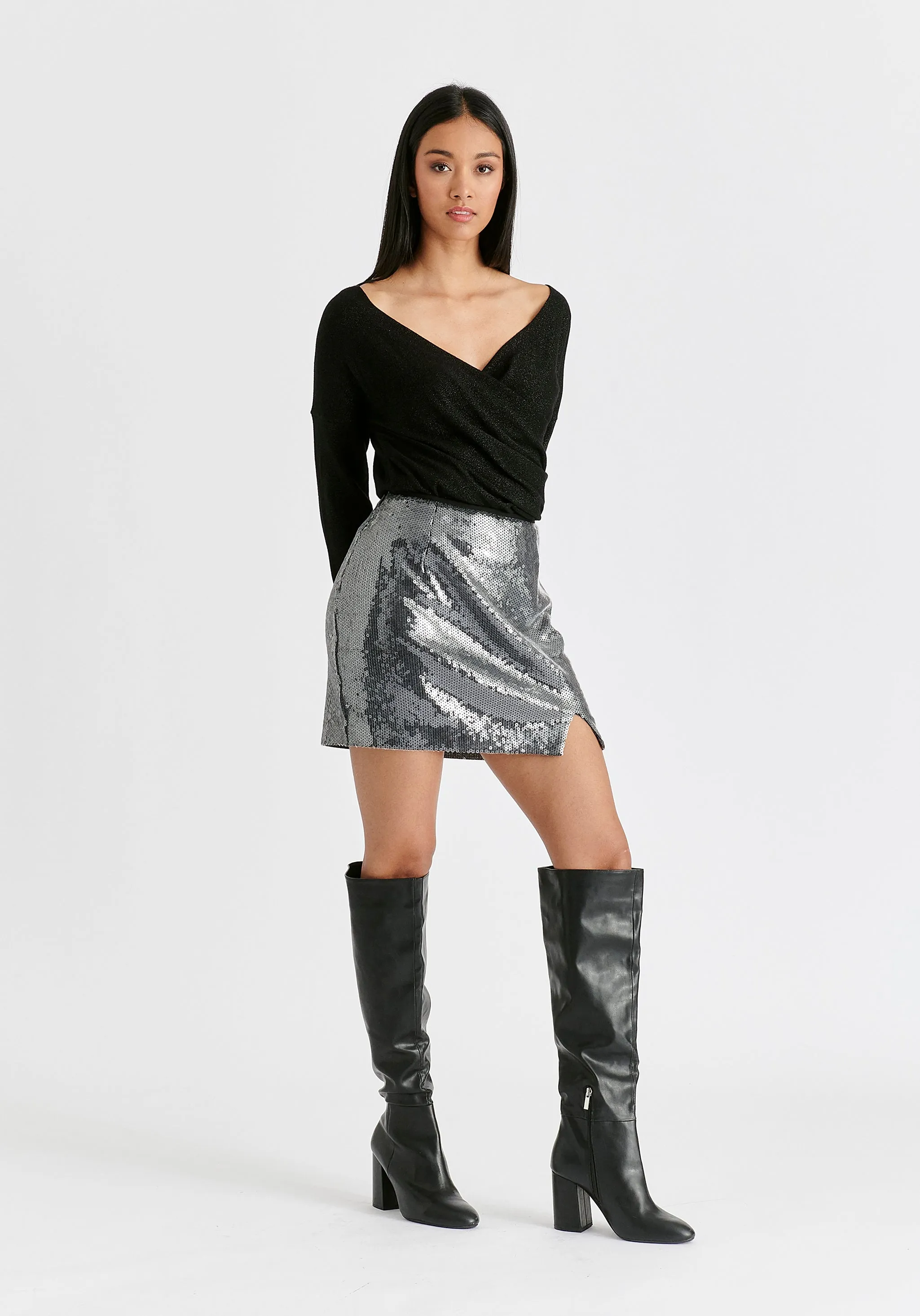 Sequin Mini Skirt with Slit