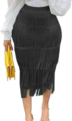 Sexy Black Fringe Midi Skirt