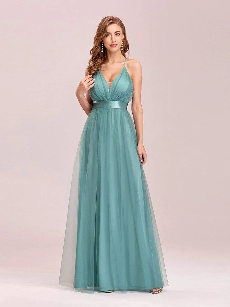 Sexy V-neck Open Back Pleated Maxi Tulle Evening Dresses