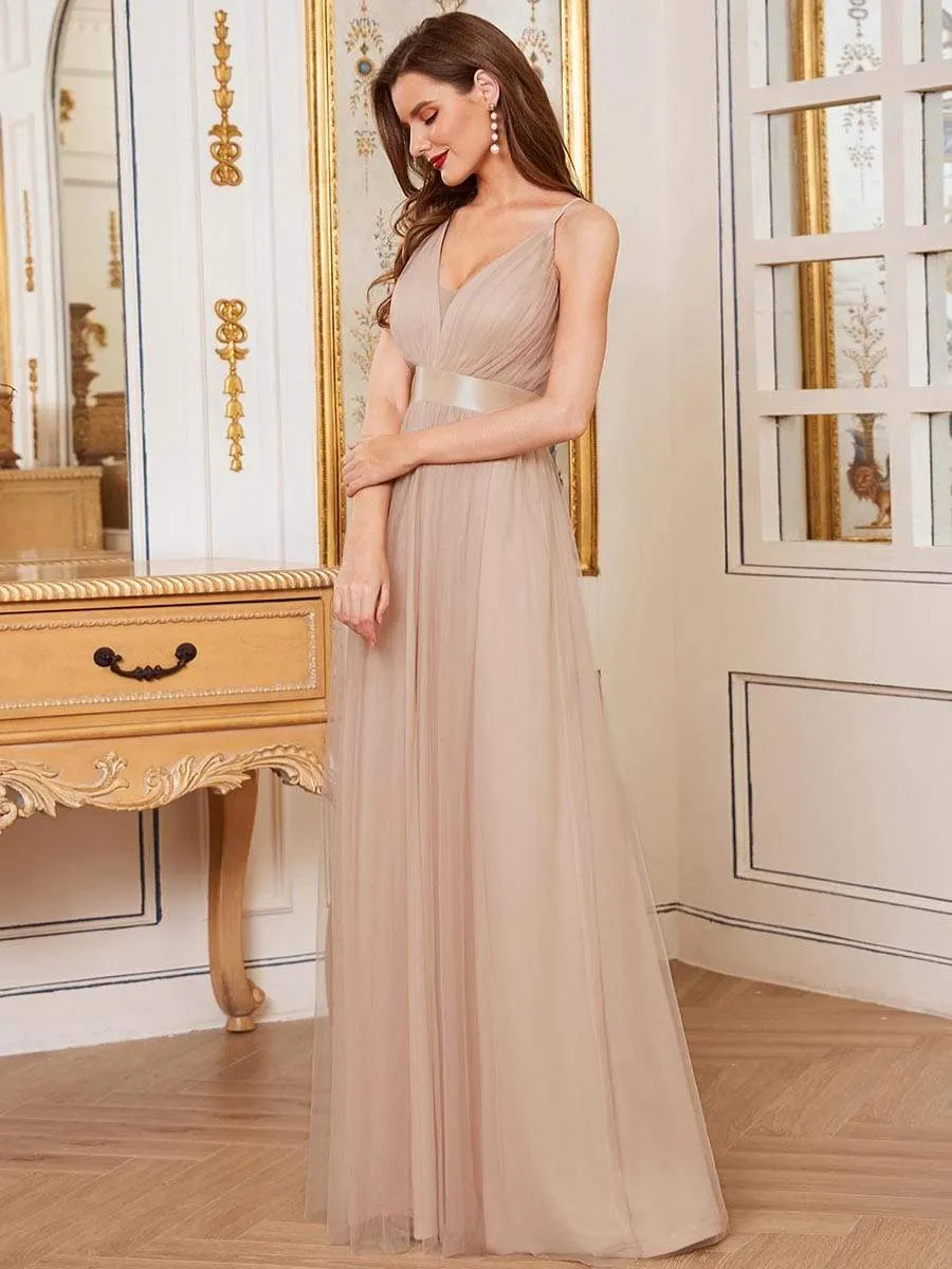 Sexy V-neck Open Back Pleated Maxi Tulle Evening Dresses