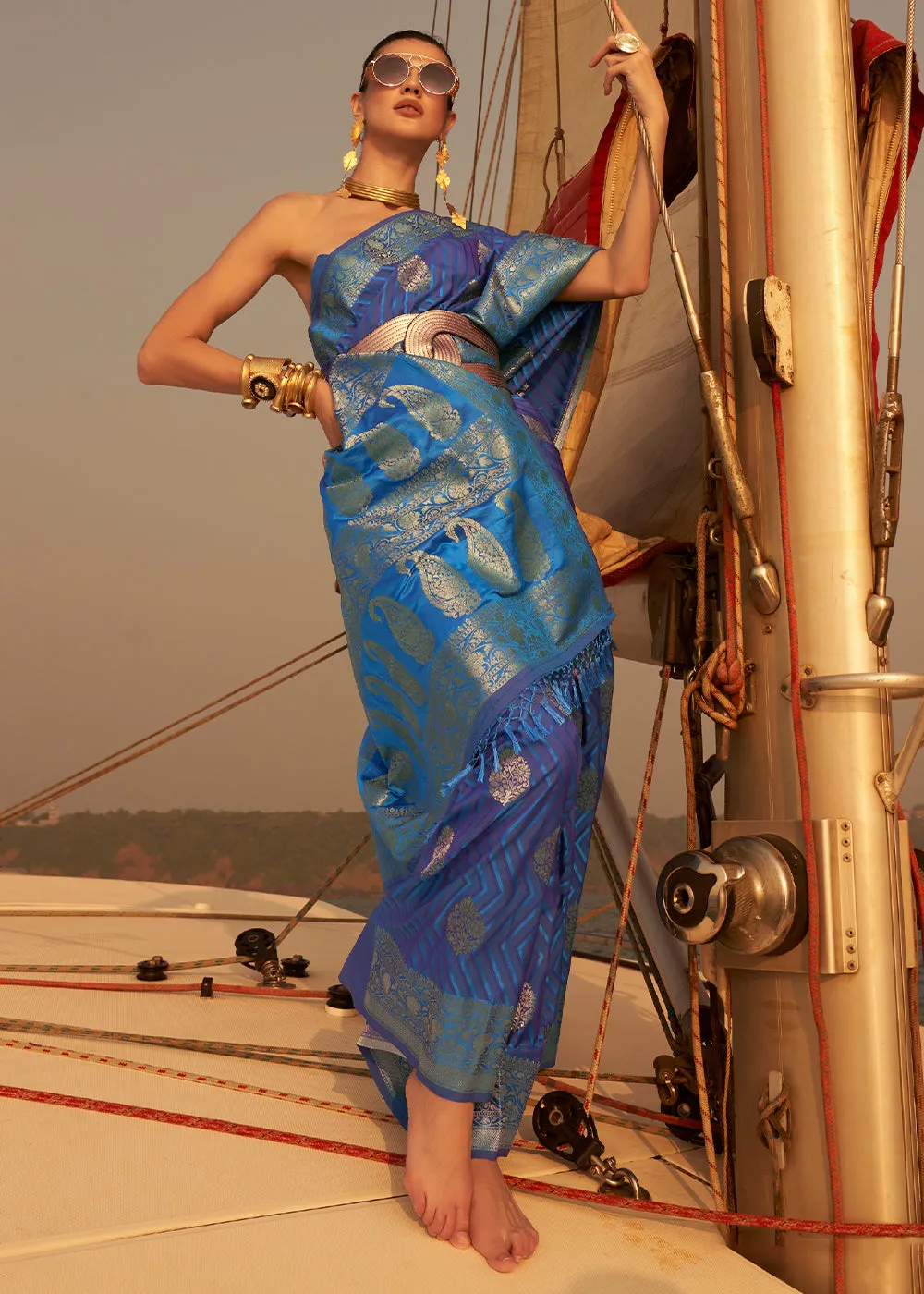 Shades Of Blue Two Tone Designer Satin Silk Saree