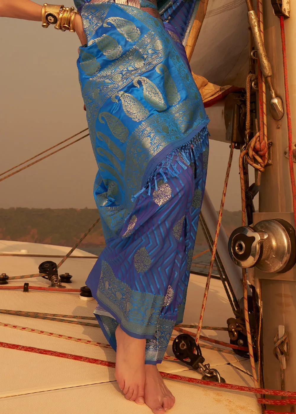 Shades Of Blue Two Tone Designer Satin Silk Saree