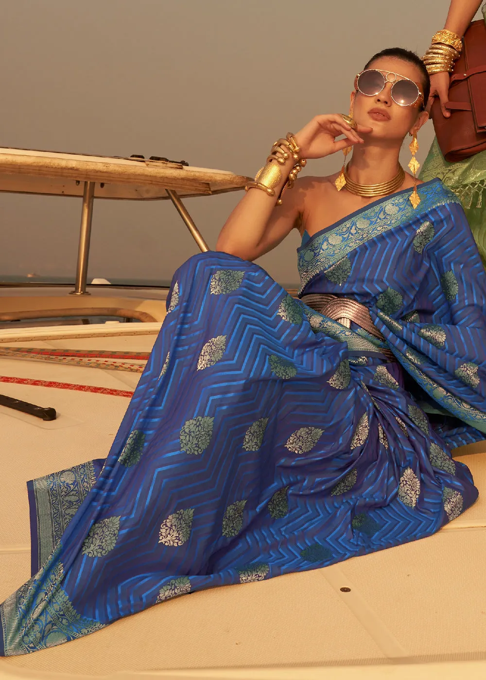 Shades Of Blue Two Tone Designer Satin Silk Saree