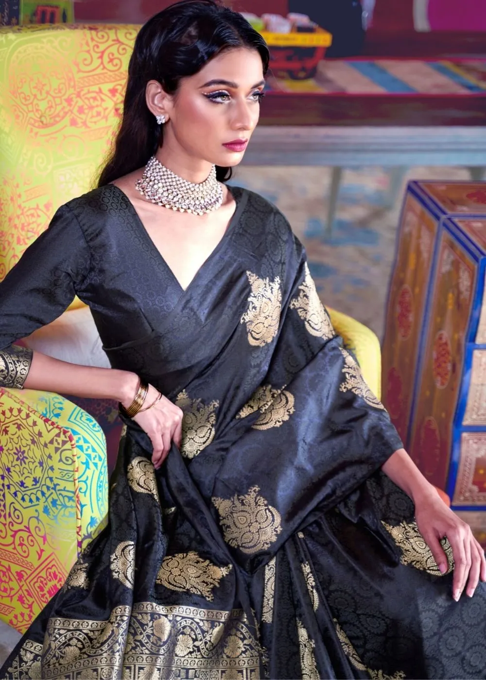 Soot Black Satin Silk Saree with overall Golden Butti