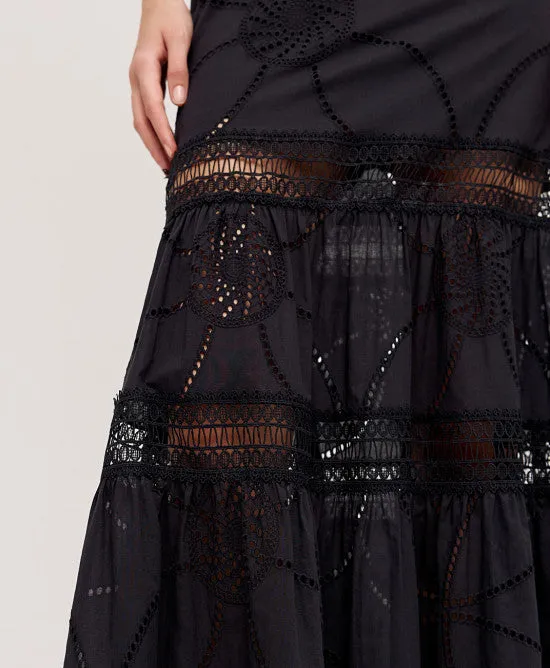 Spell Long broderie Skirt Black