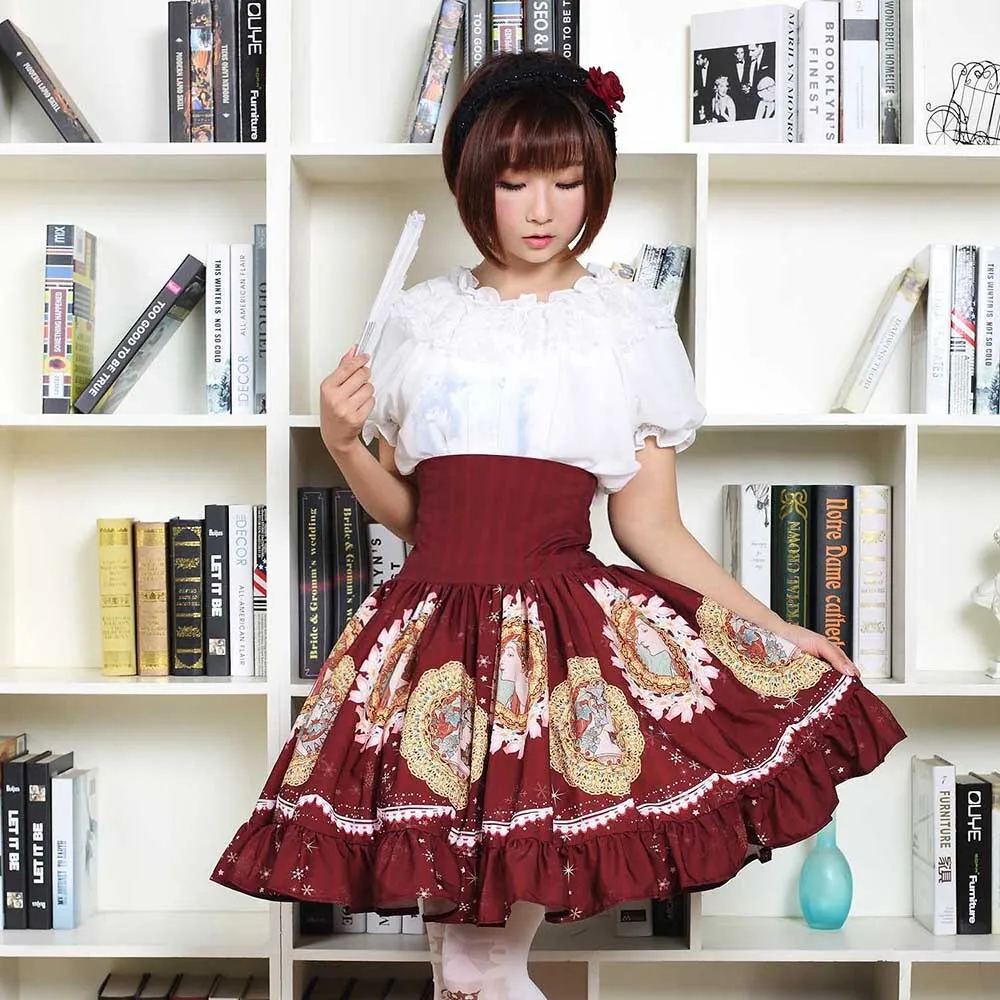 Sweet Mori Girl High Waist Skirt Musha Printed Lolita Short Skirt with Ruffles