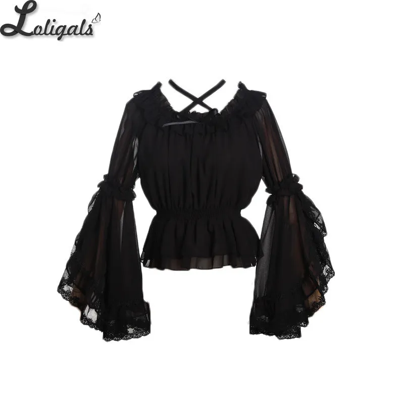 Sweet Women's Chiffon Blouse Flare Sleeve Cross Neck Lolita Top for Summer