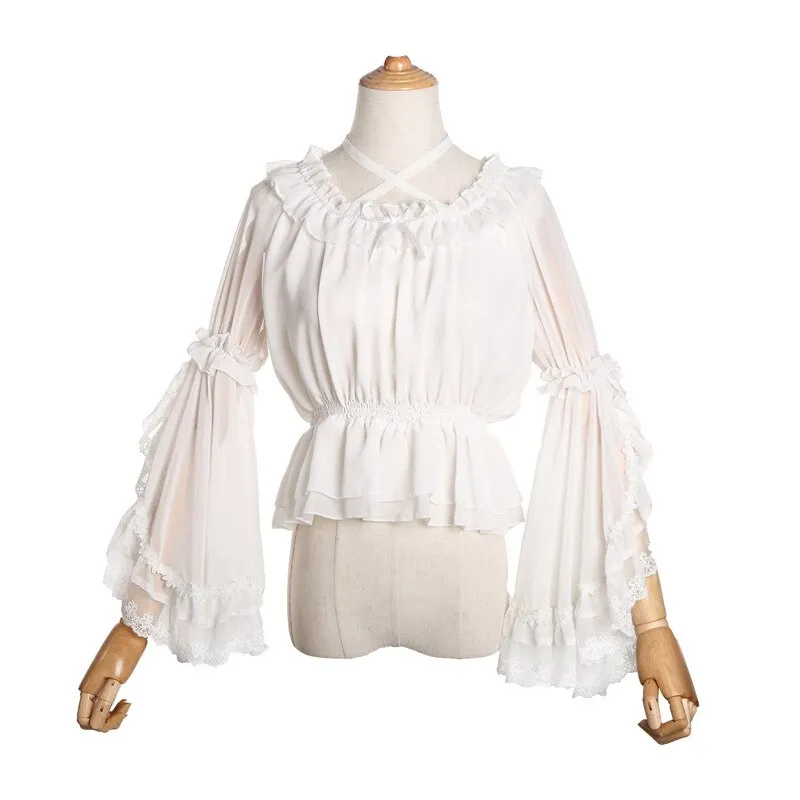 Sweet Women's Chiffon Blouse Flare Sleeve Cross Neck Lolita Top for Summer