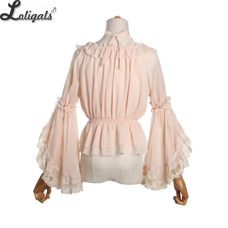 Sweet Women's Chiffon Blouse Flare Sleeve Cross Neck Lolita Top for Summer