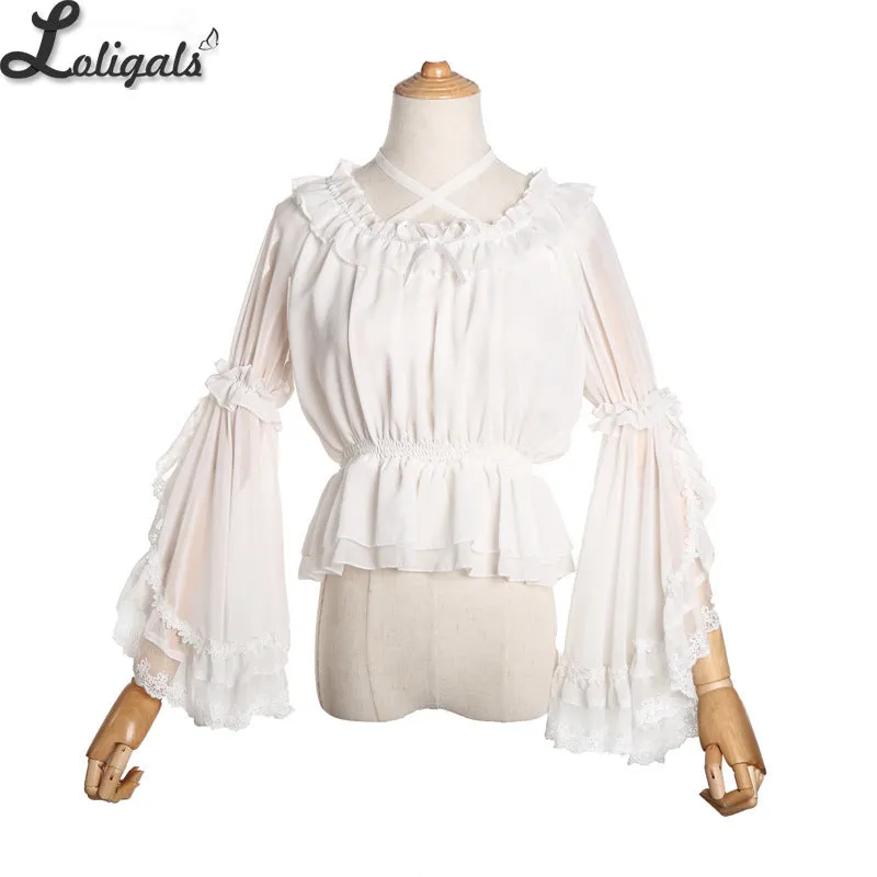 Sweet Women's Chiffon Blouse Flare Sleeve Cross Neck Lolita Top for Summer