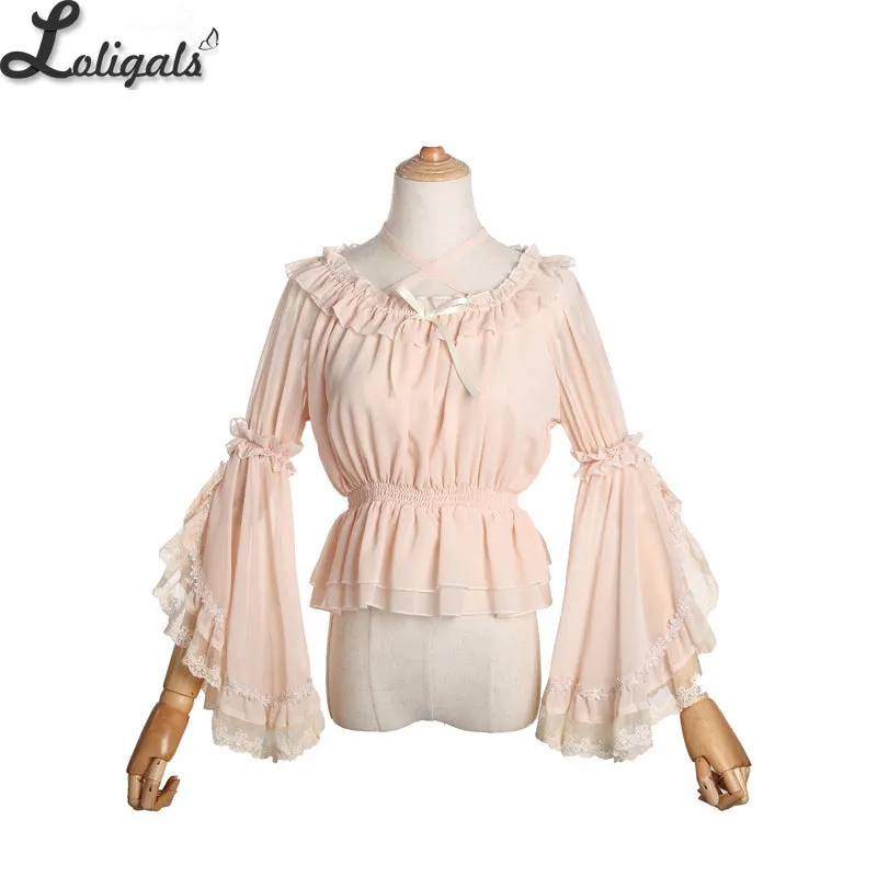 Sweet Women's Chiffon Blouse Flare Sleeve Cross Neck Lolita Top for Summer