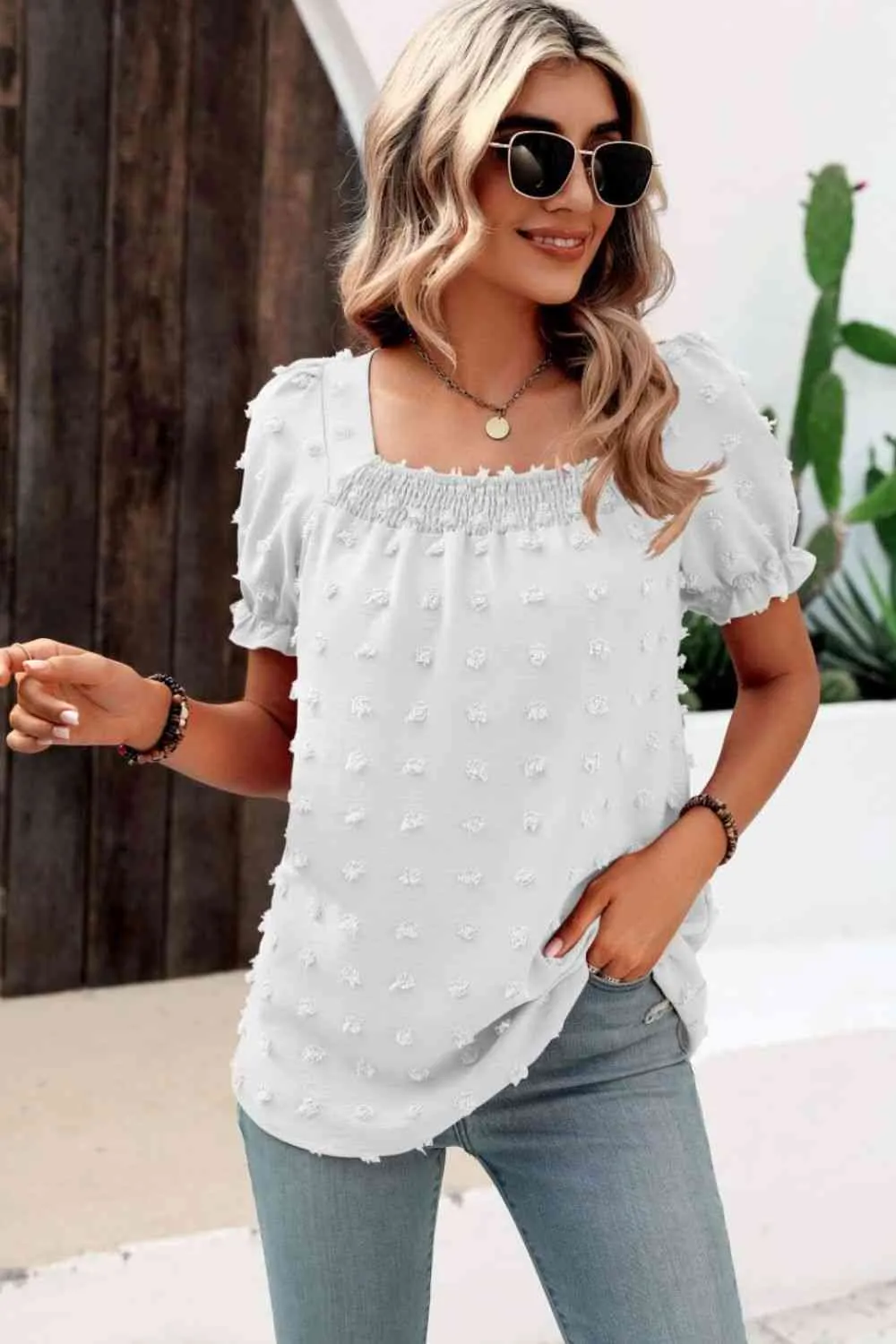 Swiss Dot Puff Sleeve Square Neck Blouse