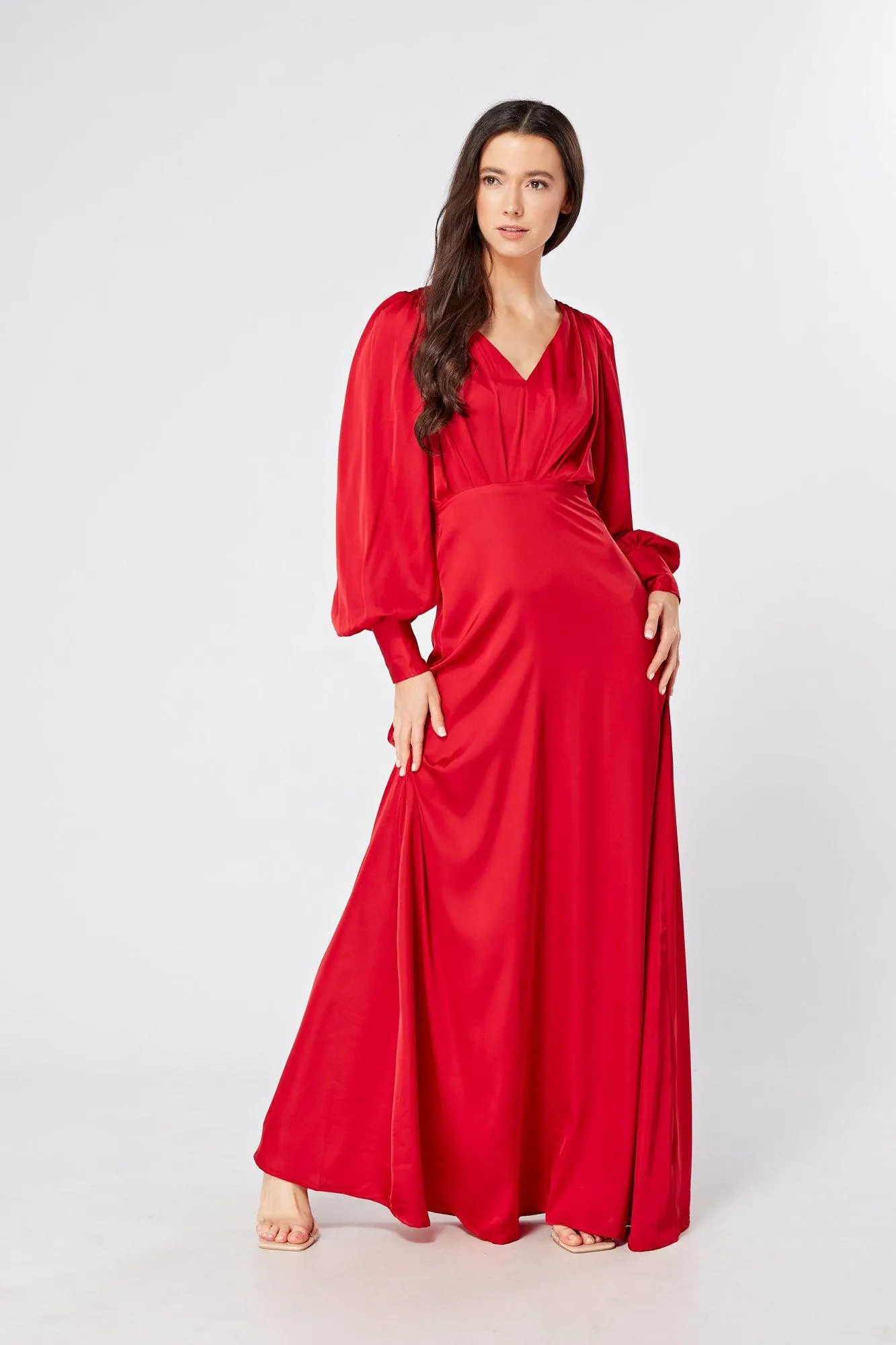 Valeria Scarlet Red Satin Luxury Maxi Dress With Long Sleeves