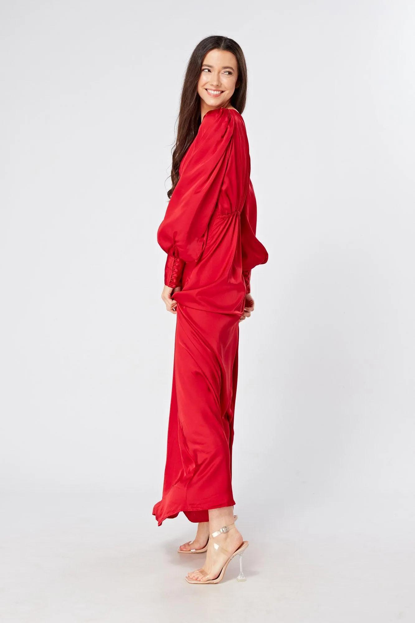 Valeria Scarlet Red Satin Luxury Maxi Dress With Long Sleeves