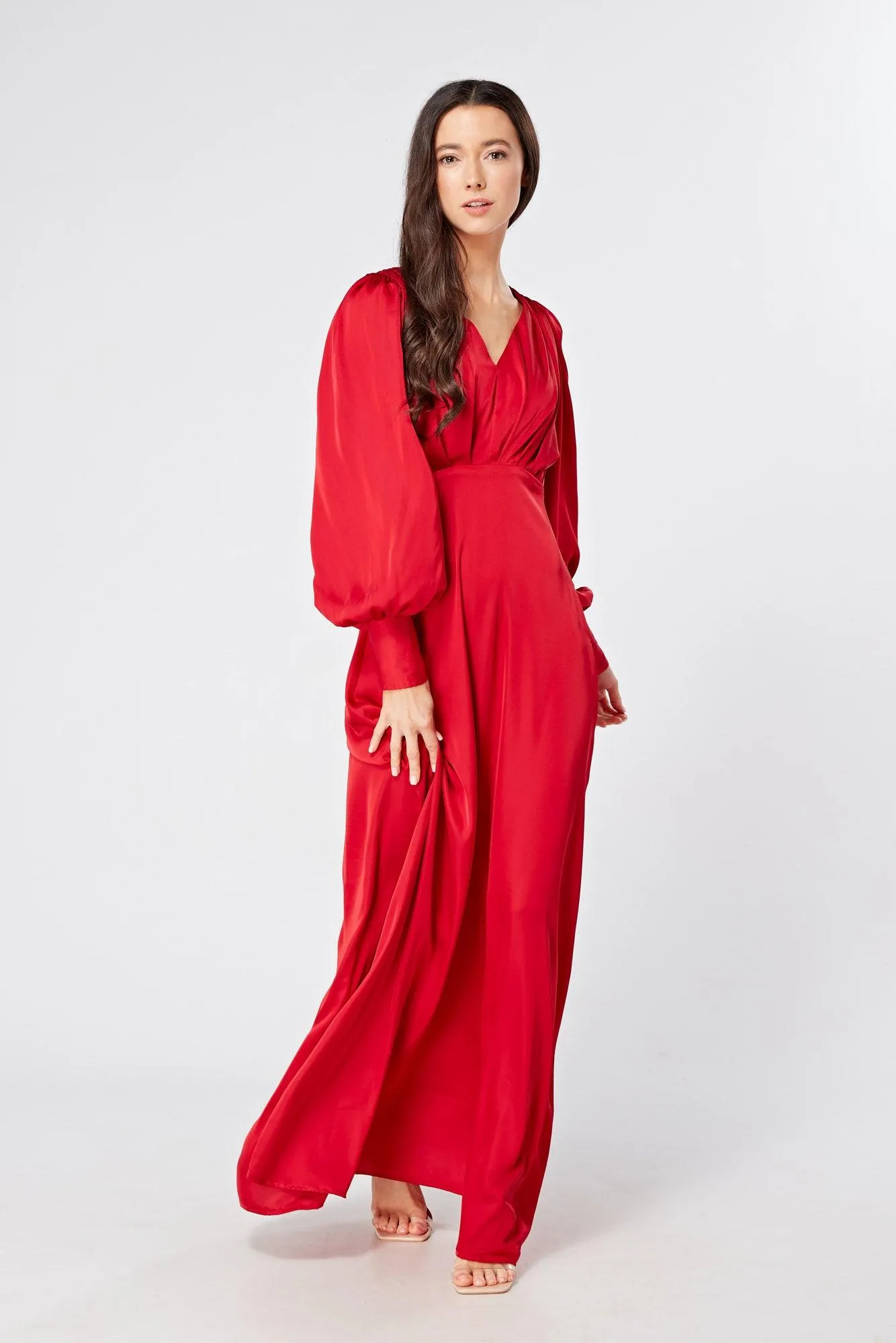 Valeria Scarlet Red Satin Luxury Maxi Dress With Long Sleeves