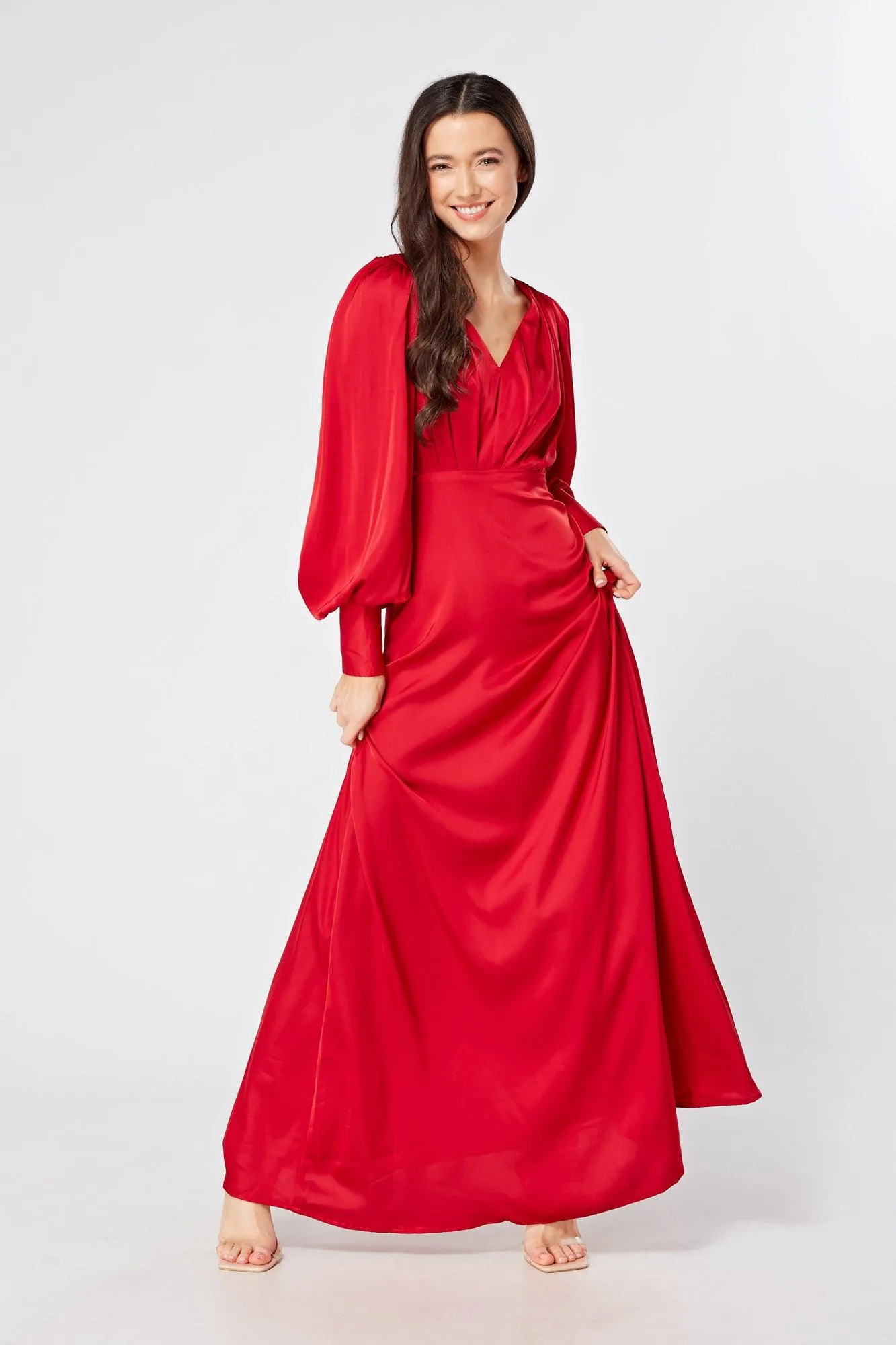 Valeria Scarlet Red Satin Luxury Maxi Dress With Long Sleeves