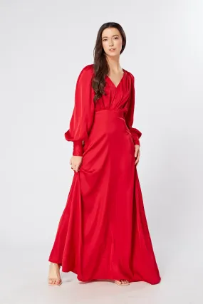 Valeria Scarlet Red Satin Luxury Maxi Dress With Long Sleeves