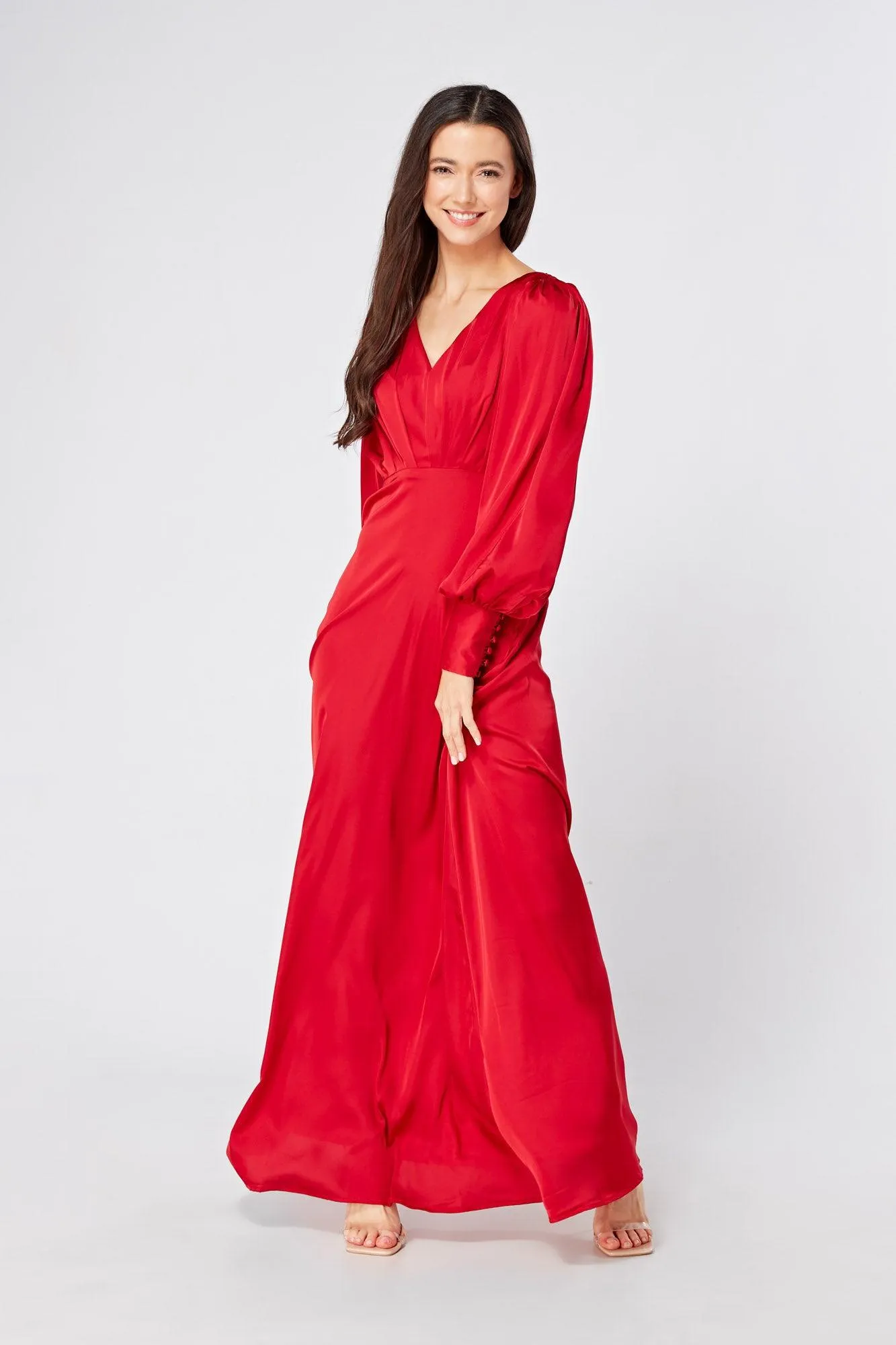 Valeria Scarlet Red Satin Luxury Maxi Dress With Long Sleeves