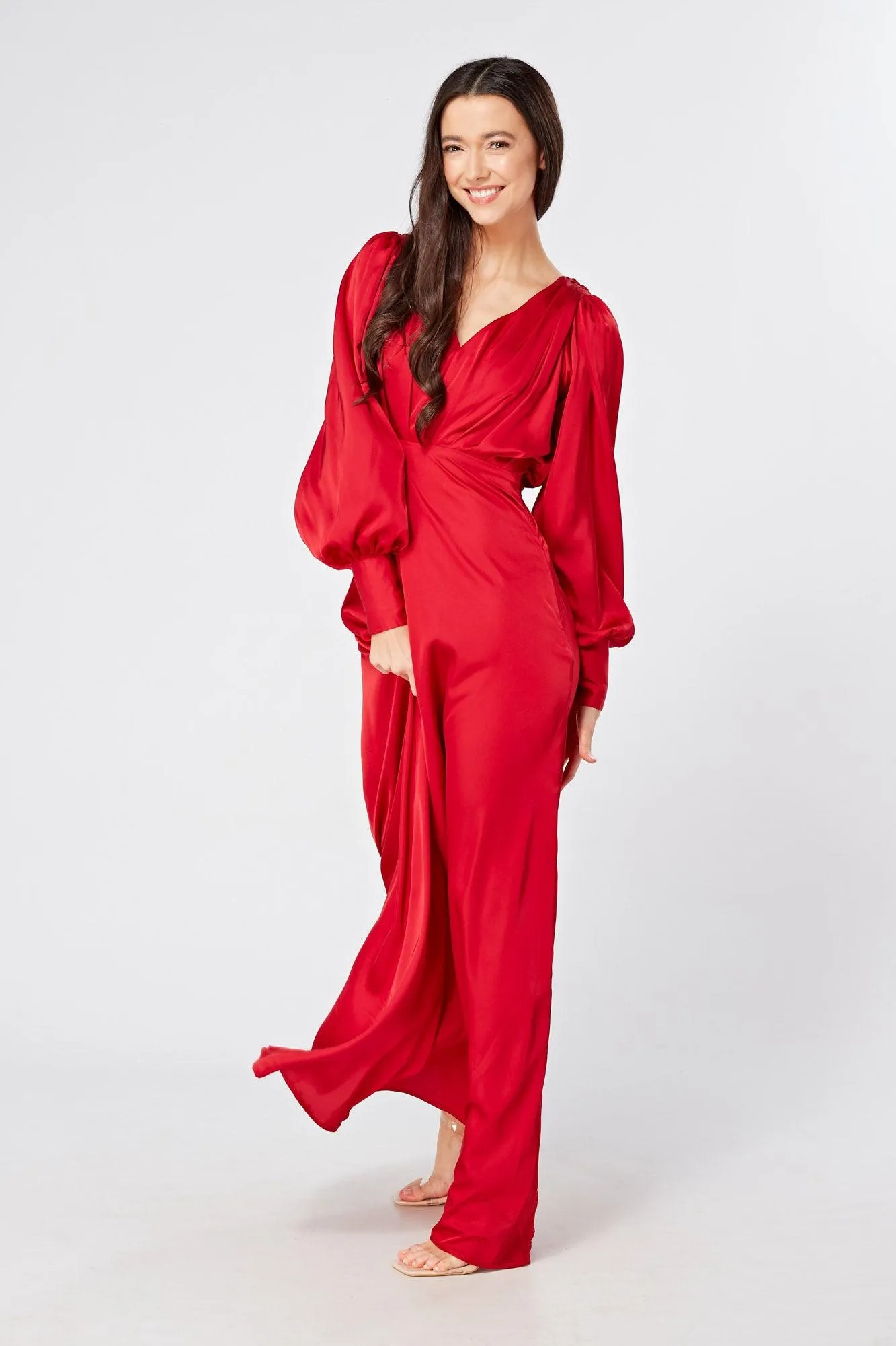 Valeria Scarlet Red Satin Luxury Maxi Dress With Long Sleeves