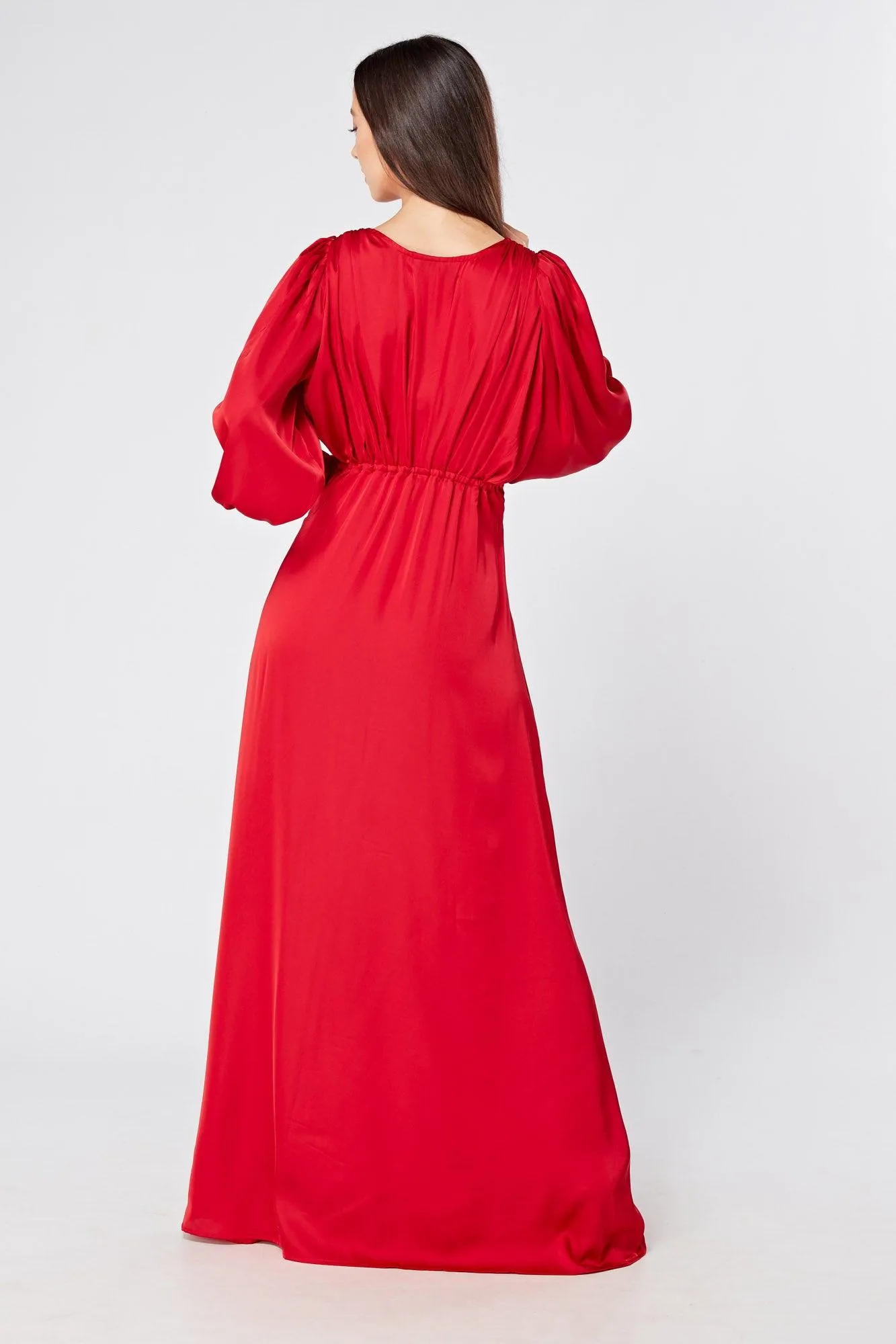 Valeria Scarlet Red Satin Luxury Maxi Dress With Long Sleeves