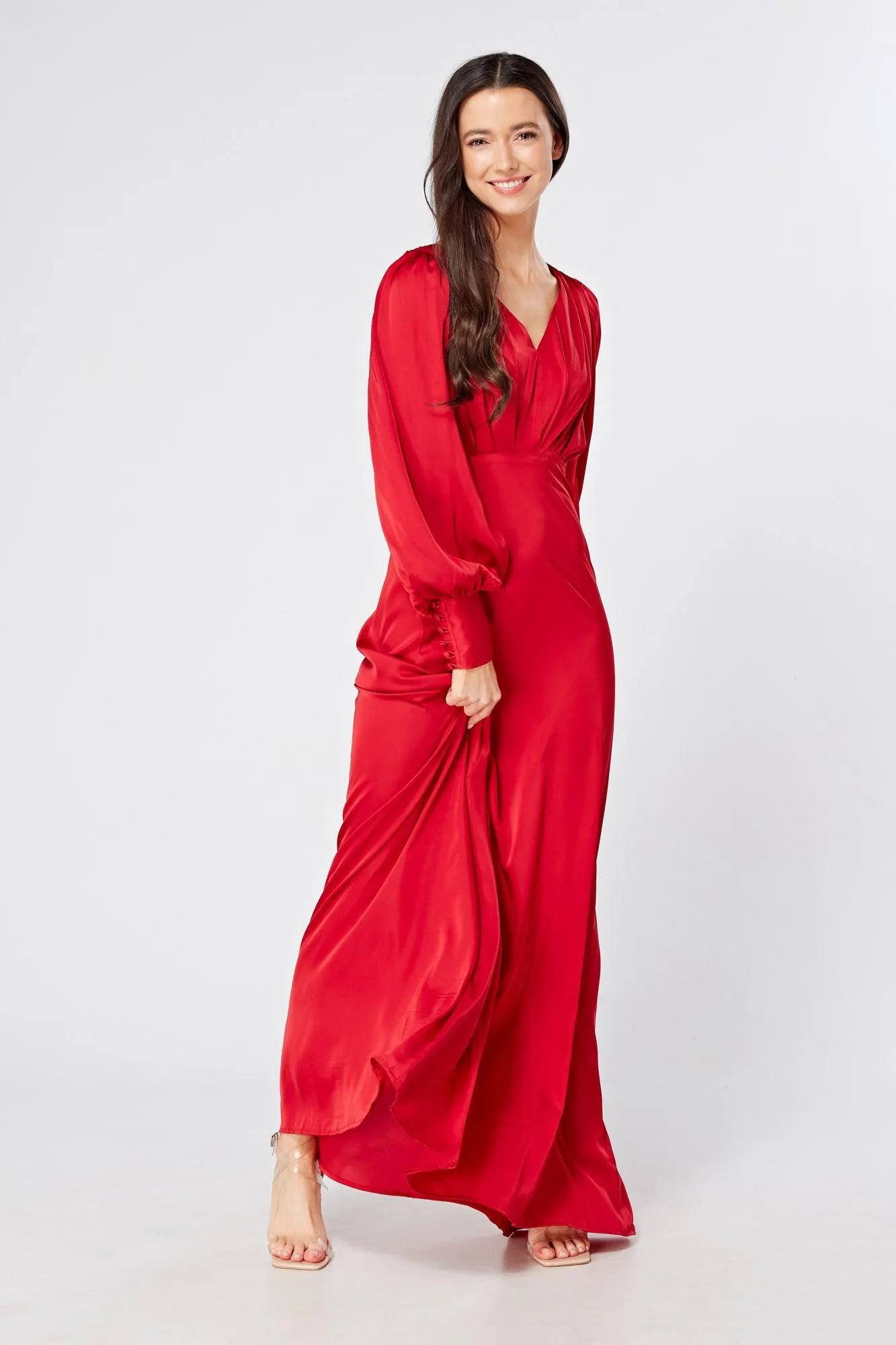 Valeria Scarlet Red Satin Luxury Maxi Dress With Long Sleeves