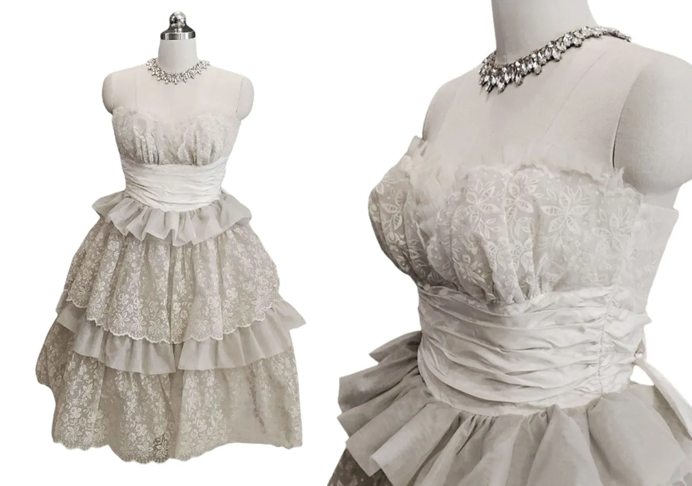 VINTAGE 1950S LIGHT GRAY AND IVORY FLOCKED TIERED VOLUMINOUS PROM DRESS FORMAL METAL ZIPPER ATTACHED CRINOLINE