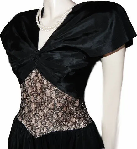 *VINTAGE '40s TAFFETA WITH PEACH & BLACK LACE GRAND SWEEP EVENING GOWN WITH MATCHING BOLERO JACKET & METAL ZIPPER