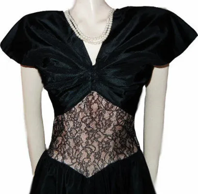 *VINTAGE '40s TAFFETA WITH PEACH & BLACK LACE GRAND SWEEP EVENING GOWN WITH MATCHING BOLERO JACKET & METAL ZIPPER