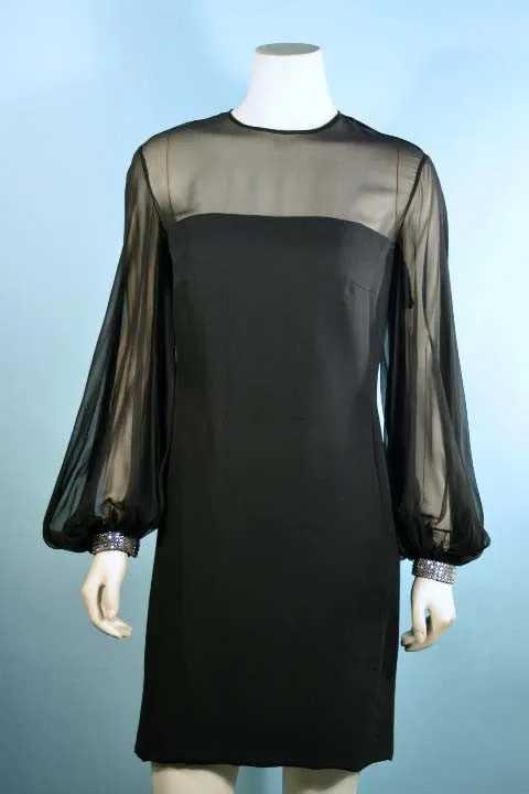 Vintage 60s Mod Black Chiffon Cocktail Party Dress, Full Poet Sleeves   Rhinestone Cuffs S