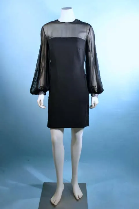 Vintage 60s Mod Black Chiffon Cocktail Party Dress, Full Poet Sleeves   Rhinestone Cuffs S