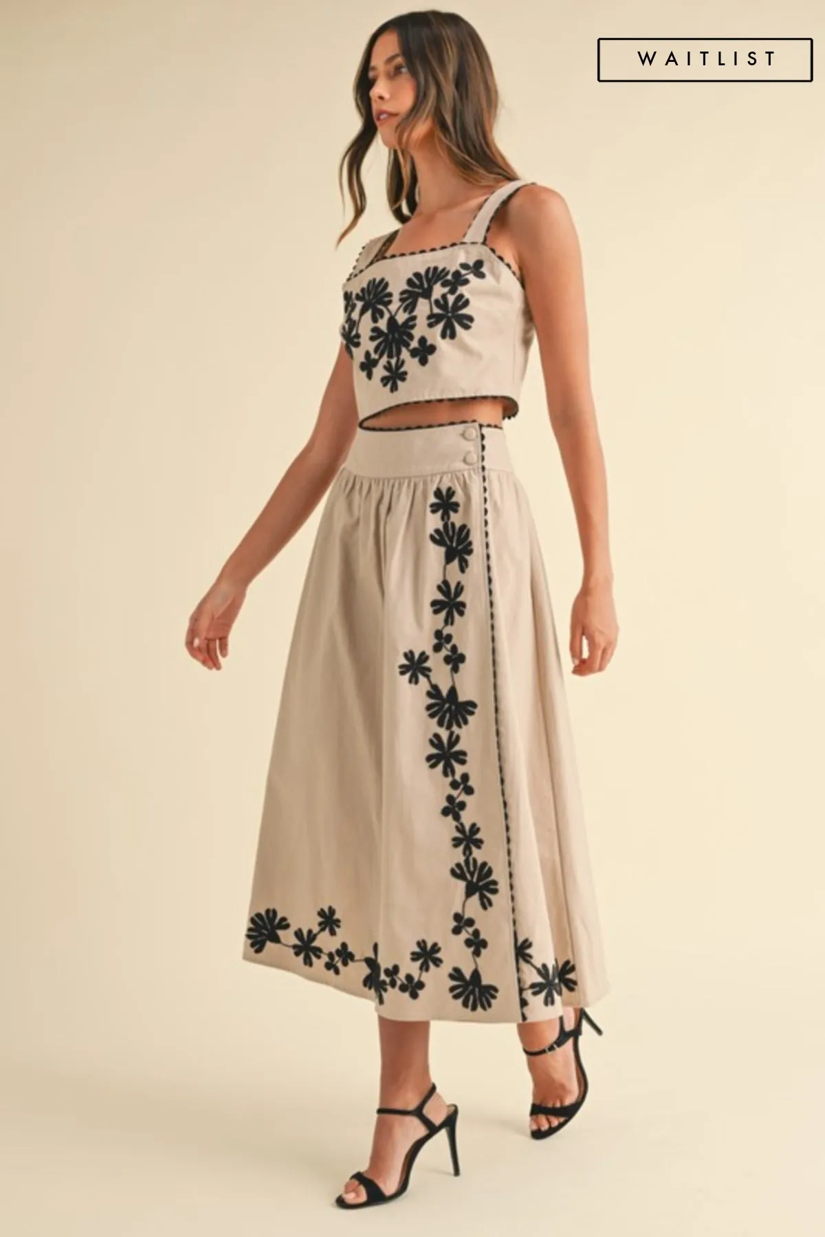 Waitlist 11/10 ♥ Priscilla Sleeveless Embroidered Crop Top And Midi Skirt Set Taupe