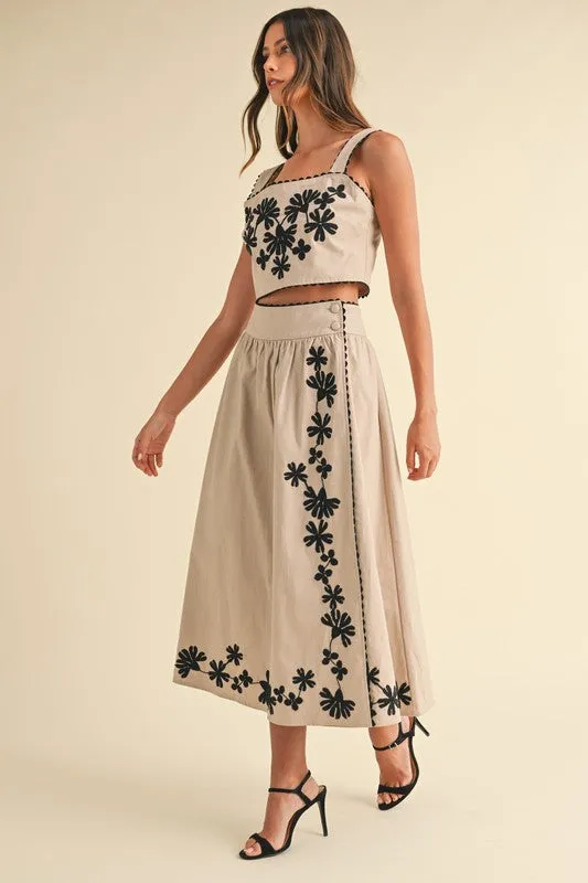 Waitlist 11/10 ♥ Priscilla Sleeveless Embroidered Crop Top And Midi Skirt Set Taupe